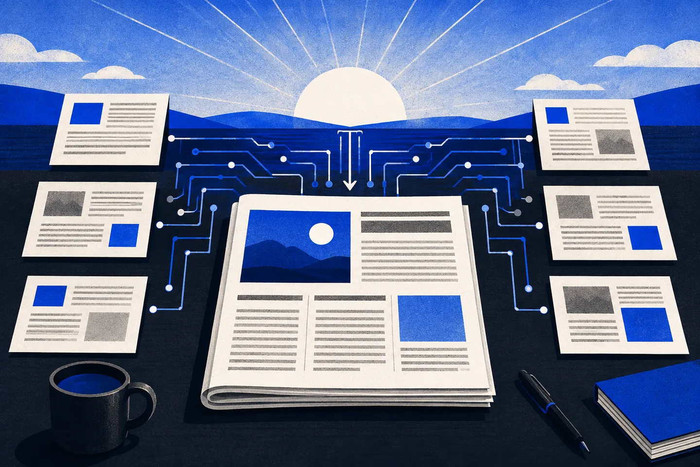 Source sheets connected by circuit-like lines to a morning newspaper beneath a rising sun, in blue, black, and white.