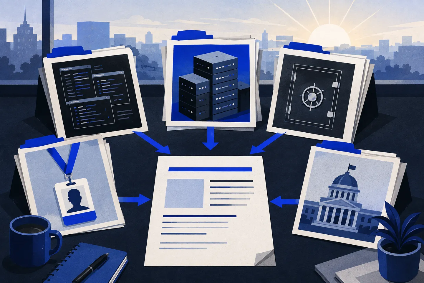Five source dossiers about research agents, AI infrastructure, security, journalism, and governance converging into one morning briefing sheet.
