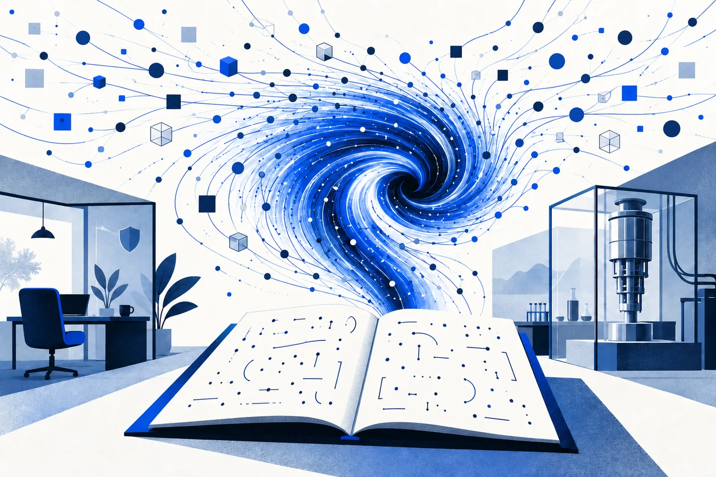 Thousands of small abstract reasoning paths forming a fluid vortex beside a secure personal-agent workspace and a cryogenic laboratory chip.