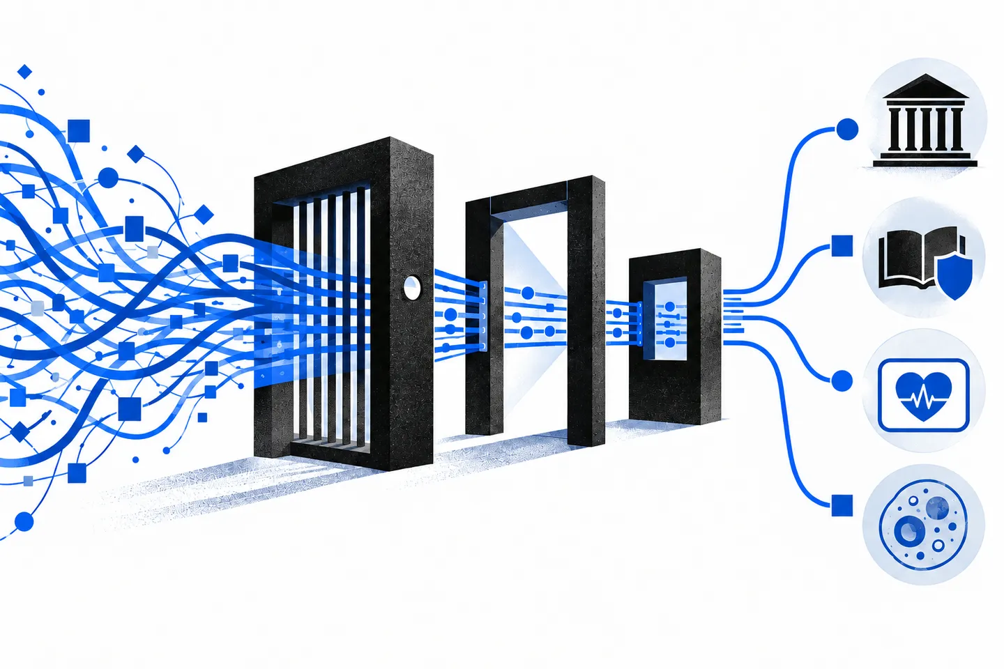 Abstract blue AI signal paths passing through sturdy black safety gates toward civic, classroom, health, and science symbols.