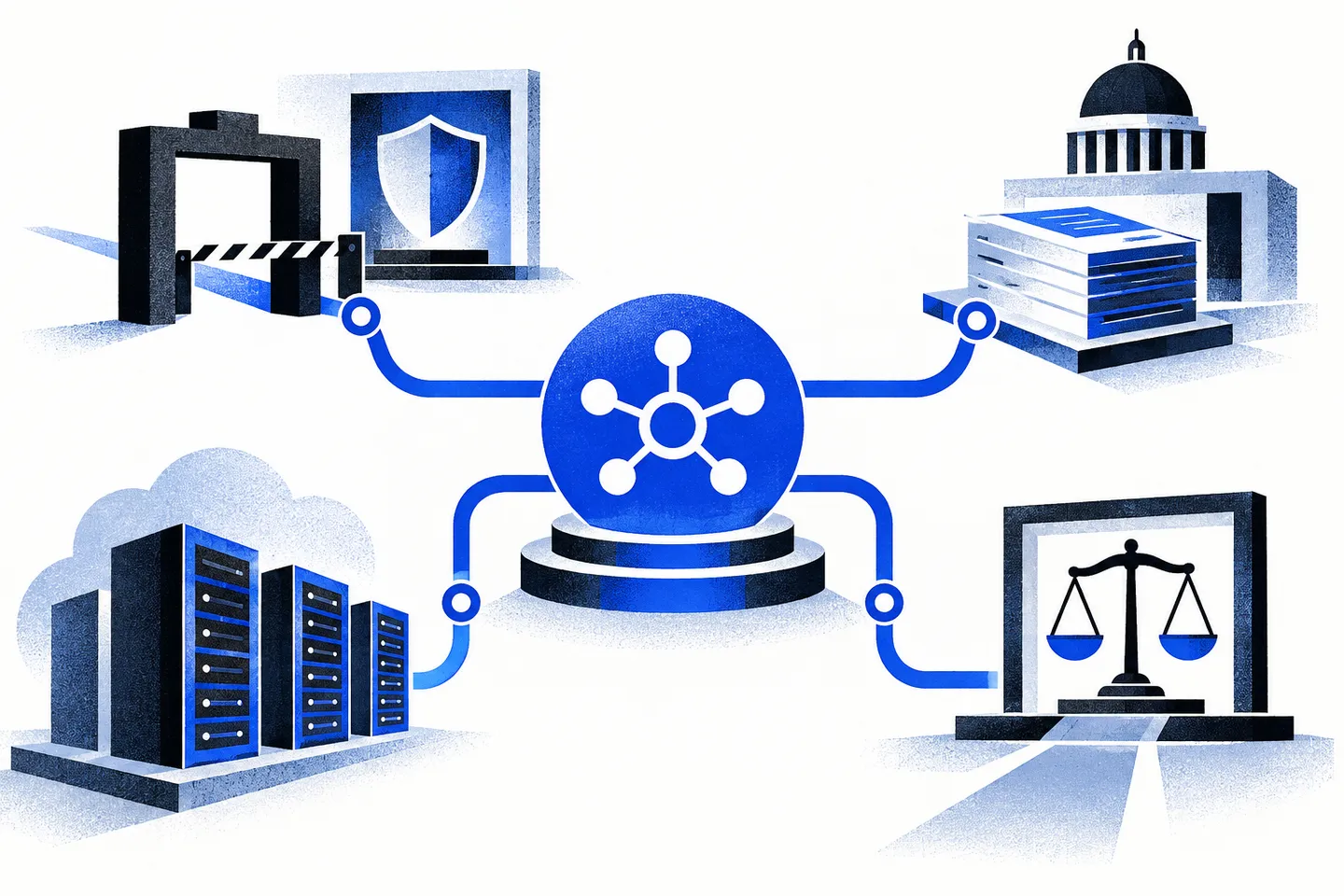 Abstract ultramarine agent nodes branch from a central hub through a checkpoint gate toward a ledger, a shielded terminal, and a server stack.