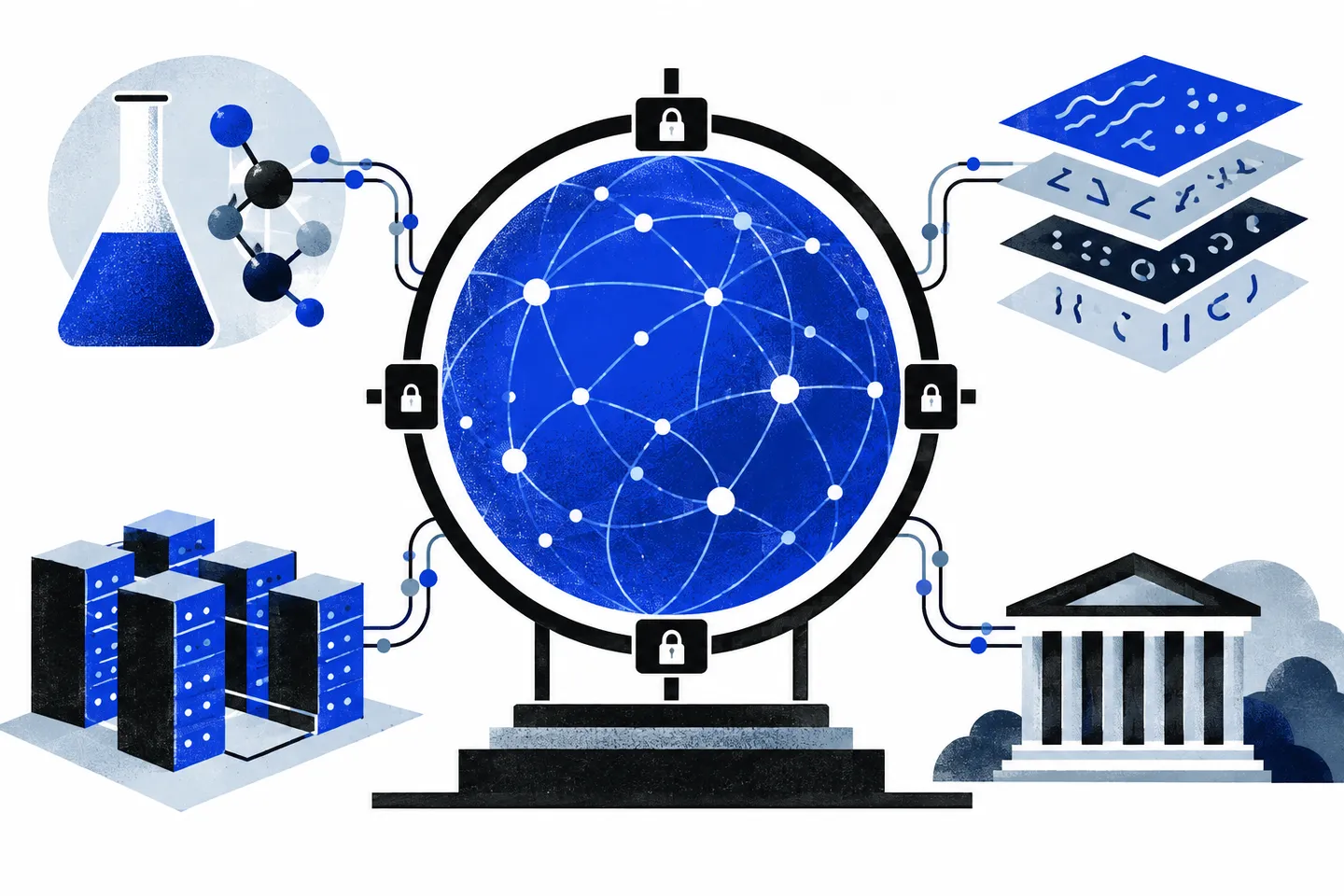 A central ultramarine network held within black access gates connects to a laboratory flask, server racks, abstract multilingual sheets, and a civic building.