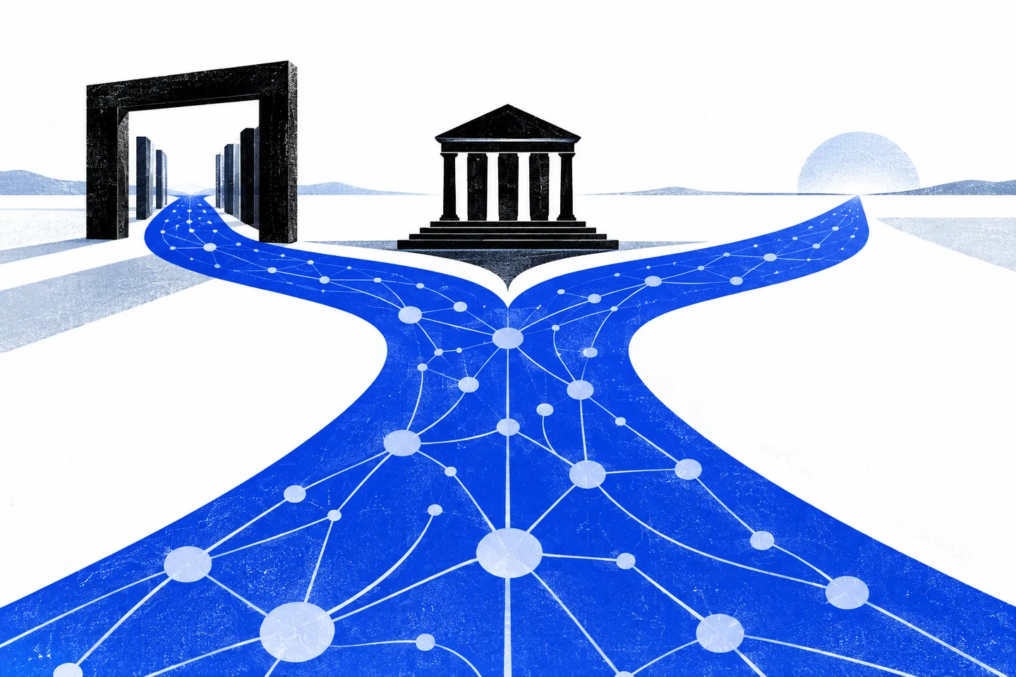 An ultramarine network divides at a crossroads, with one route passing through a black review gate and another leading toward an open horizon beside a civic building.