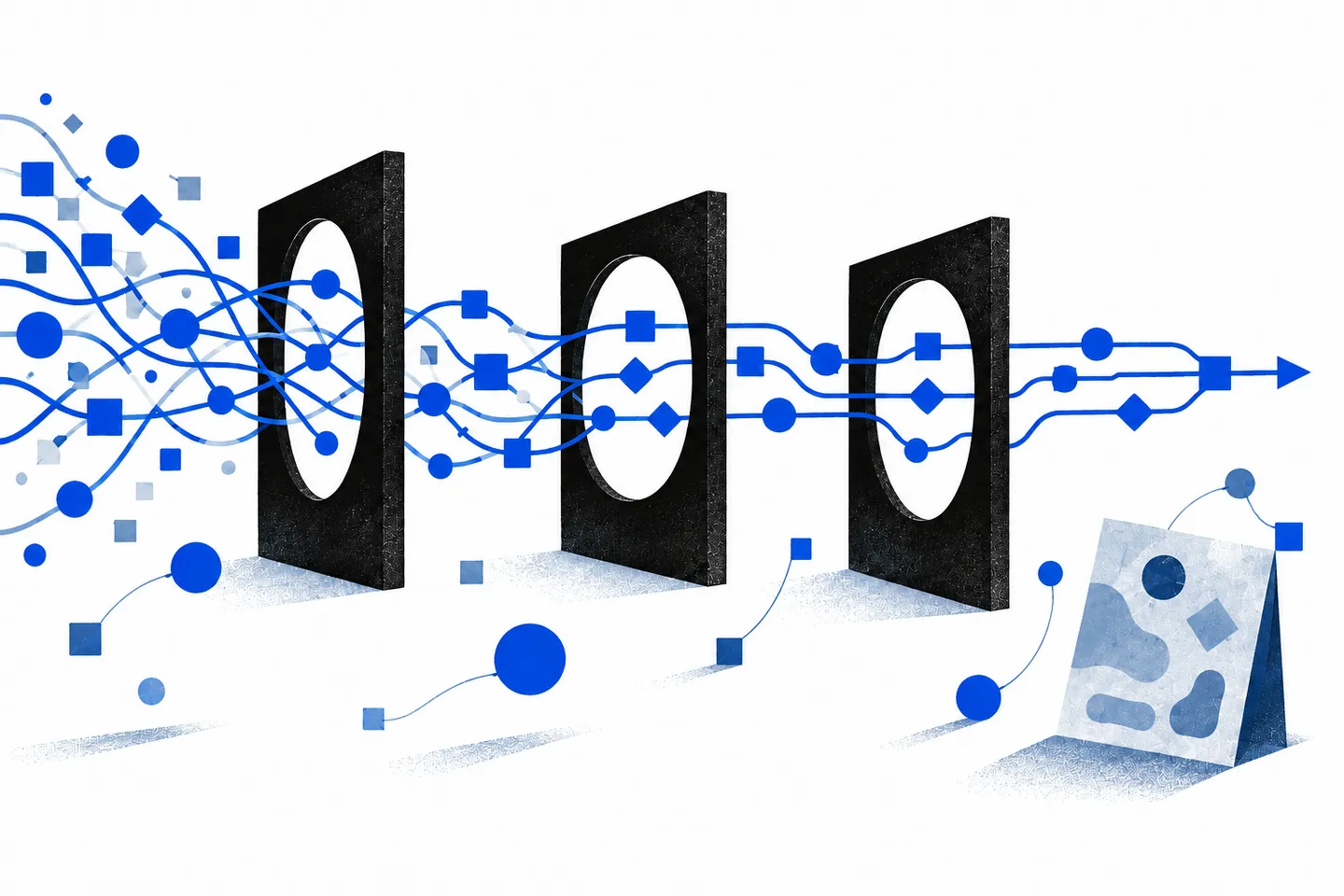 Ultramarine signal paths pass through three black review frames and emerge as orderly lines, with abstract geometric nodes on a white field.