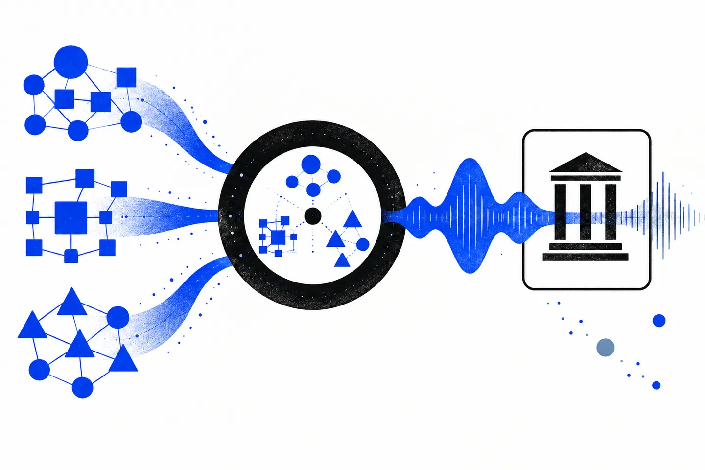 Three ultramarine geometric networks converge through a black circular coordination ring and become a blue audio waveform beside a civic-building icon on a white field.