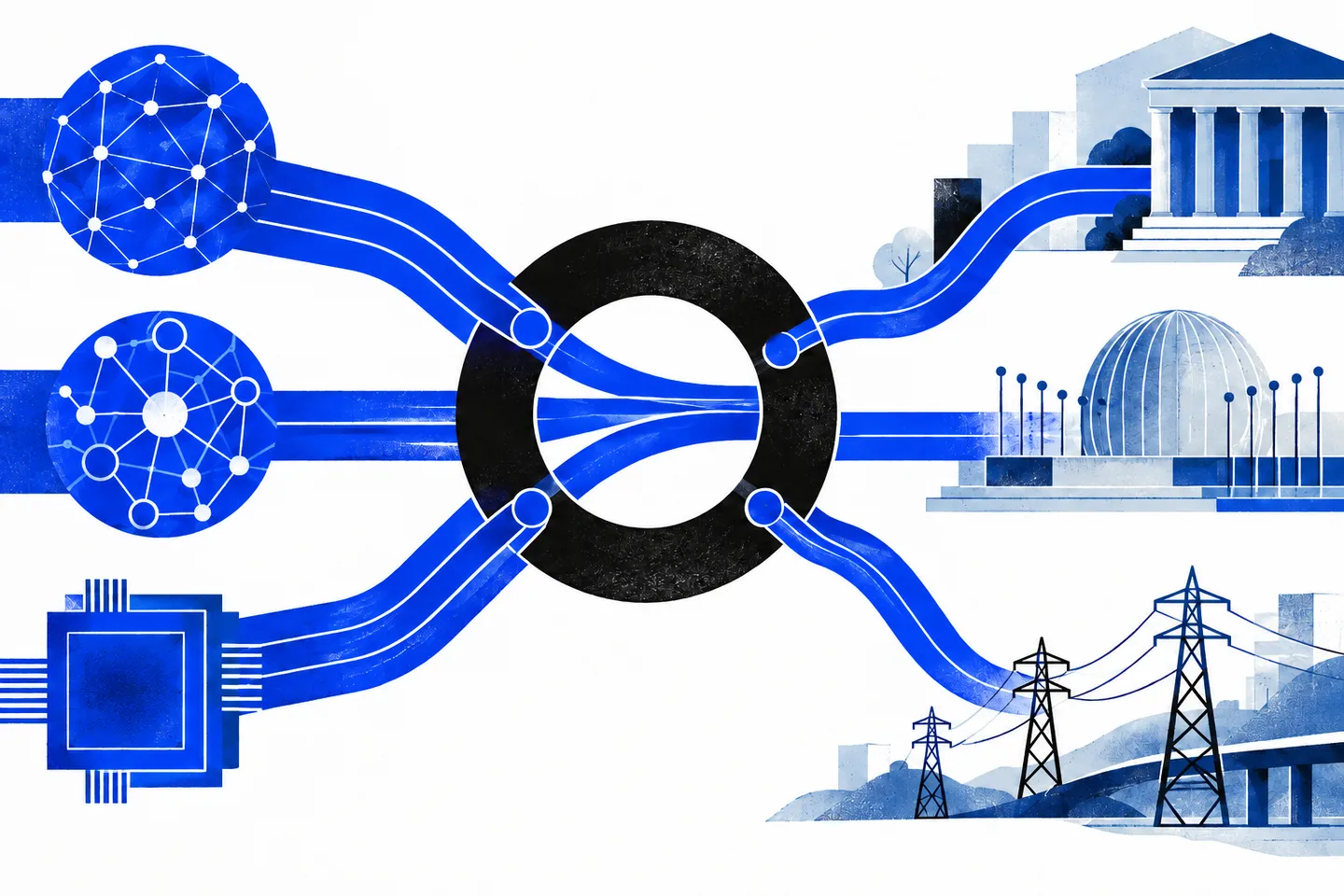 Ultramarine networks converge through a black circular coordination ring, then lead toward abstract civic buildings, a chip, and power pylons on a white field.