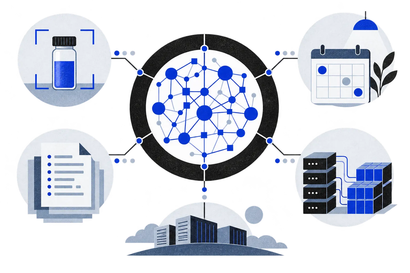 An ultramarine network of nodes sits inside a black audit ring, linked to a laboratory vial, calendar tile, source sheets, and server blocks on a white field.