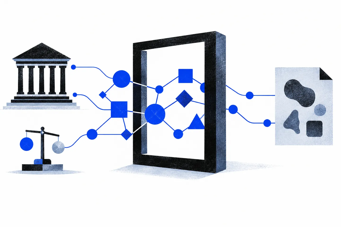 An ultramarine network passes through a black verification frame between a civic building, balance scale, and abstract source sheet on a white field.
