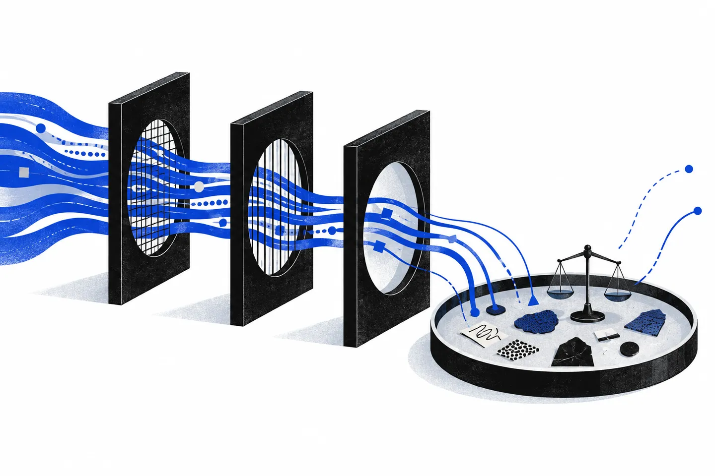 Ultramarine paths pass through three black inspection frames into a circular evidence tray with a balance scale and abstract marks on a white field.