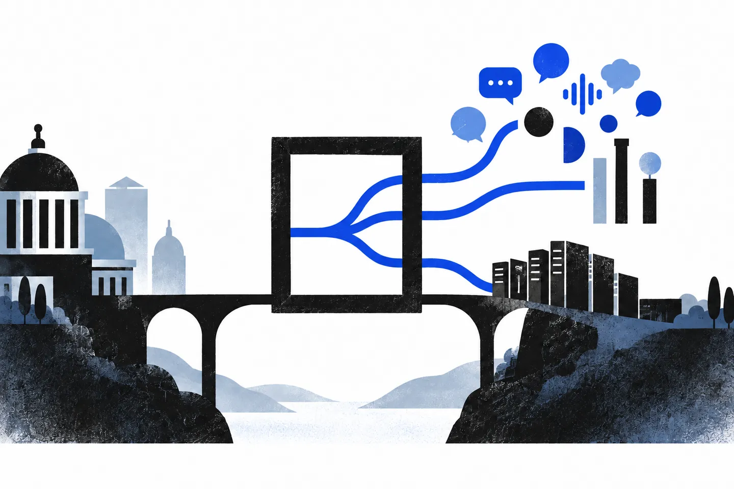 A black bridge links an abstract civic building and dark infrastructure columns while ultramarine paths pass through a central open frame toward varied speech shapes on a white field.