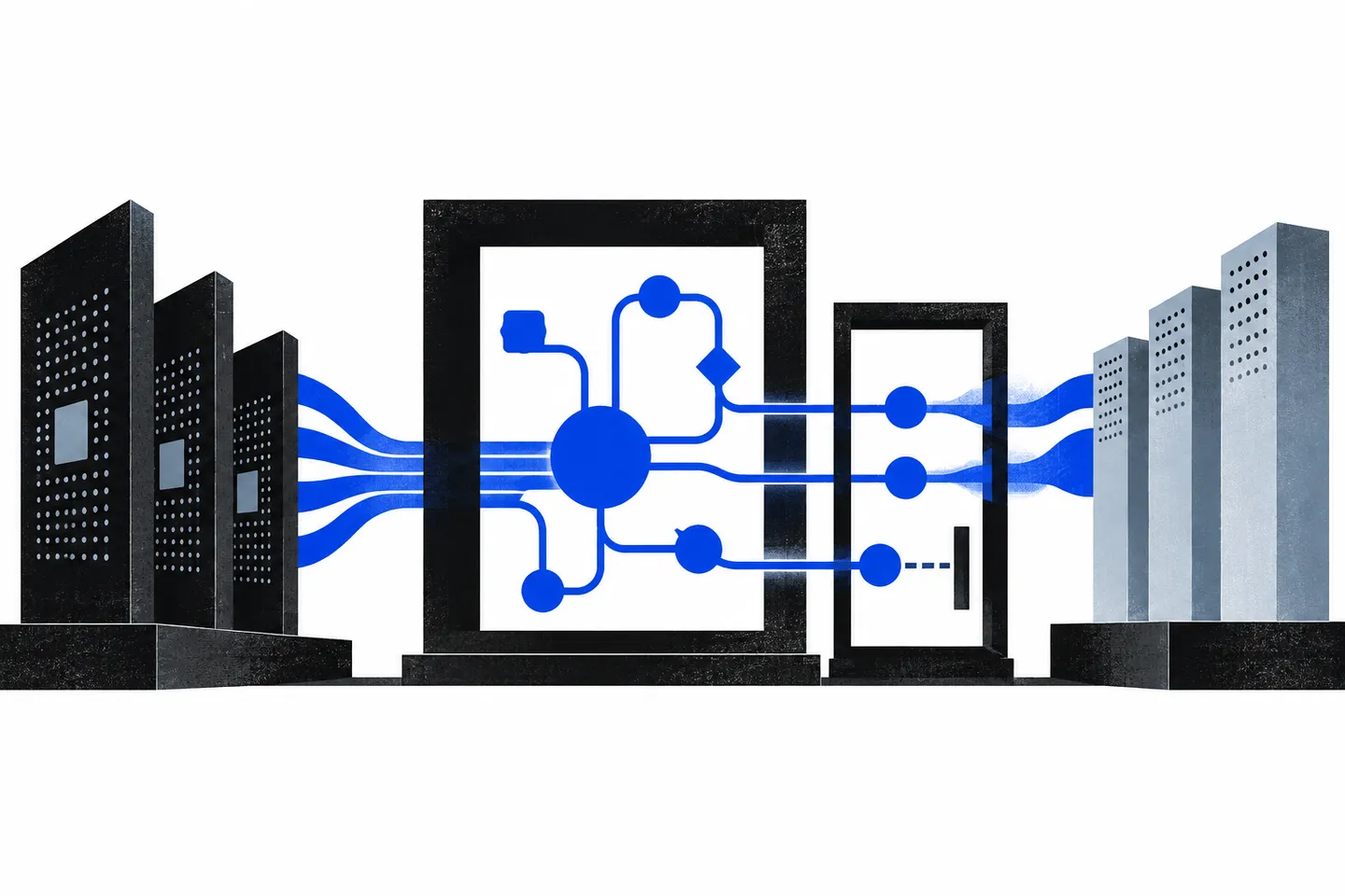 Black chip-like slabs and pale infrastructure columns flank two open black frames holding a bold ultramarine signal network on a white field.