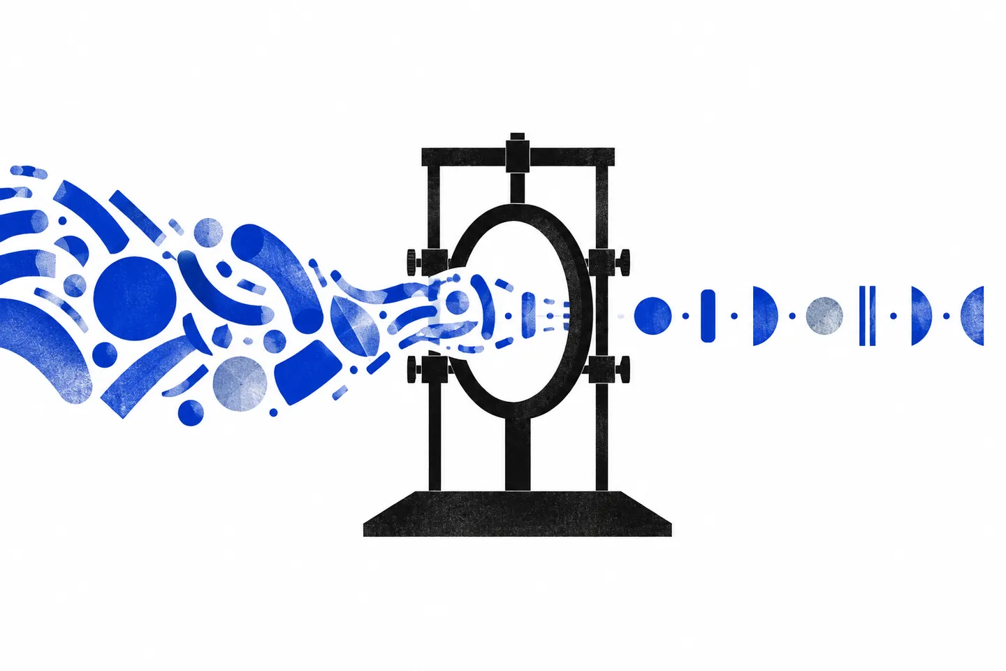 An abstract ultramarine pattern of geometric forms passes through a large black verification apparatus and emerges as a sparse ordered sequence on a white field.
