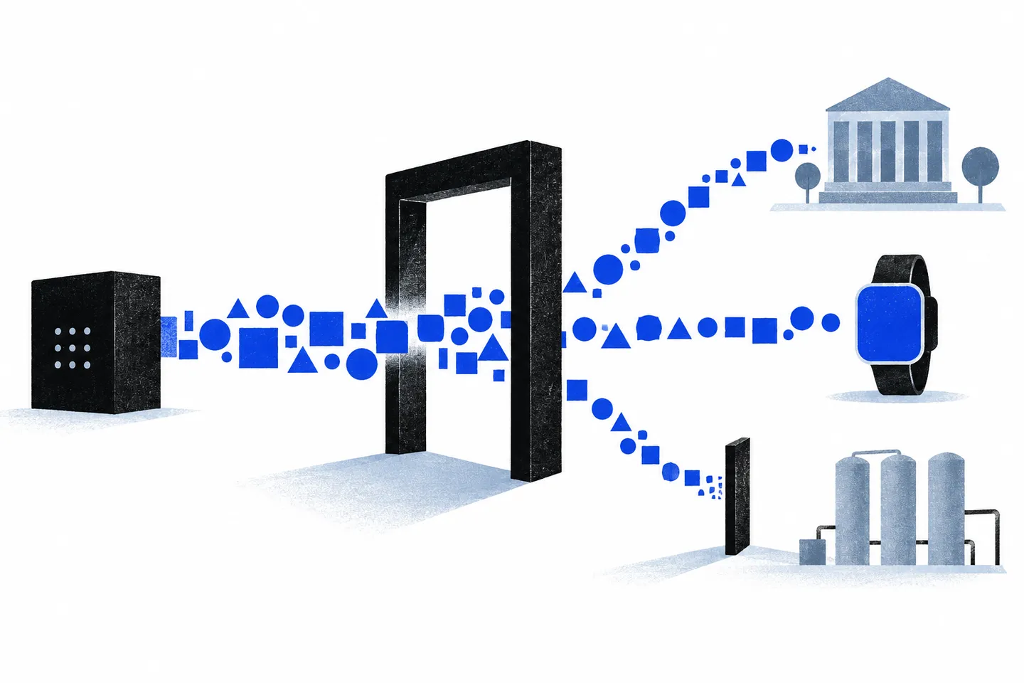 Abstract ultramarine signal shapes pass through a large black inspection gate and split toward a civic building, a wearable device and infrastructure columns on a white field.