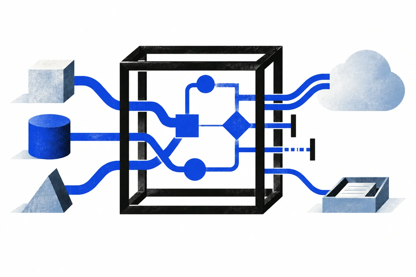 Ultramarine signal paths run through a large open black frame toward a pale cloud and an open review tray, with several paths stopping at black boundary bars on a white field.