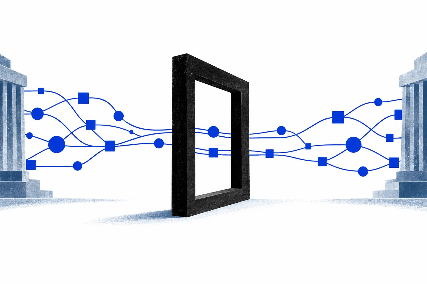 Two separate ultramarine networks pass through an open black relay frame between pale civic columns on a white field.