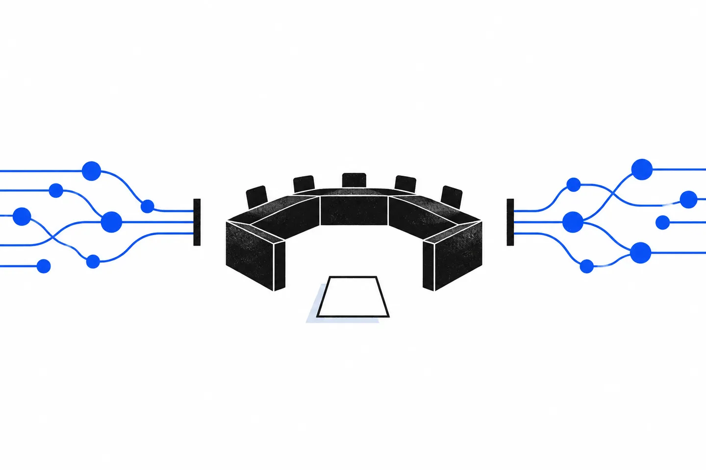 Two distinct ultramarine networks stop at black boundary bars on either side of an open black civic-review frame on a white field.