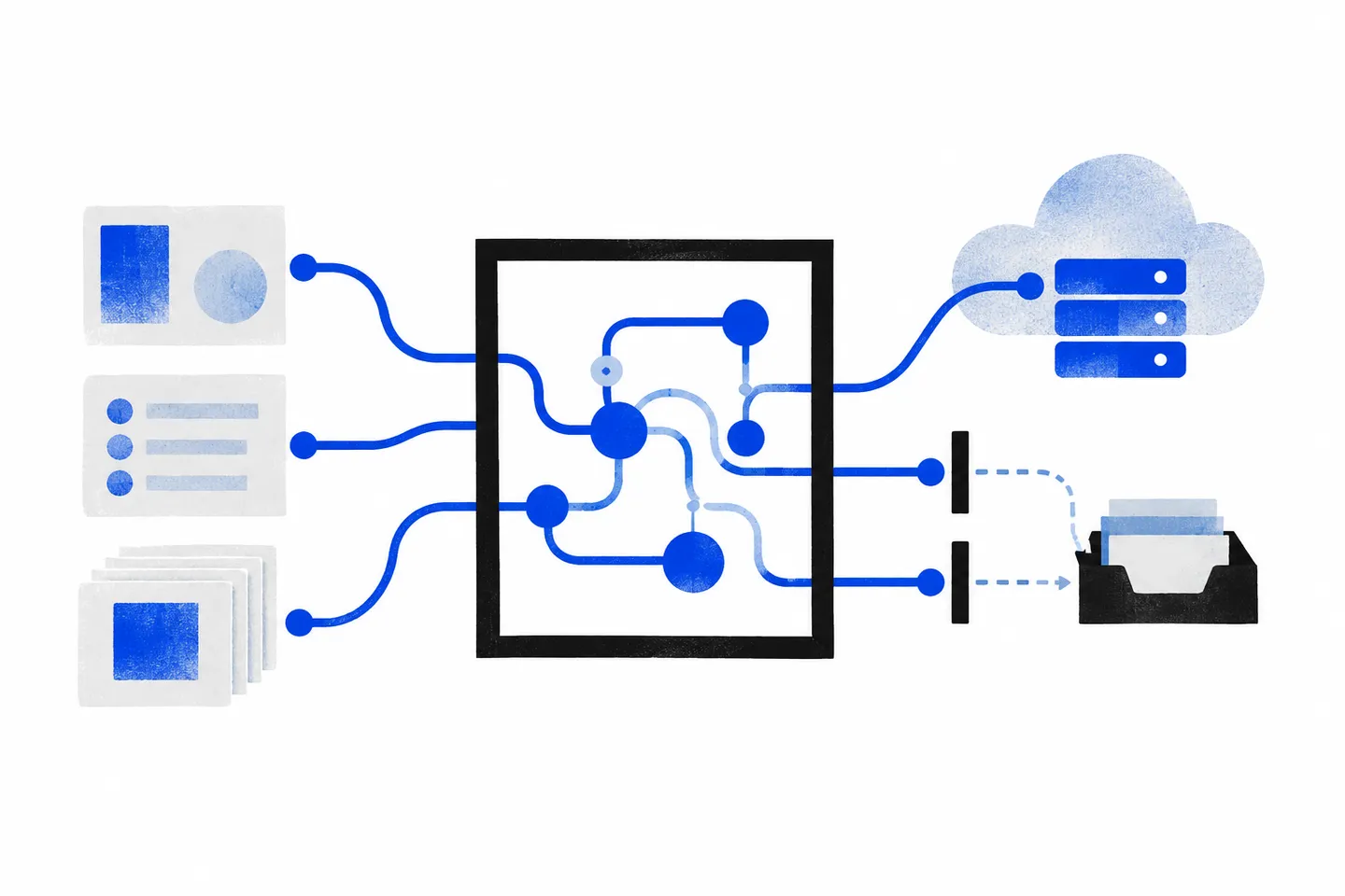 An ultramarine network runs through a black open frame between abstract work blocks, a cloud, and a review tray; two paths stop at black boundary bars.