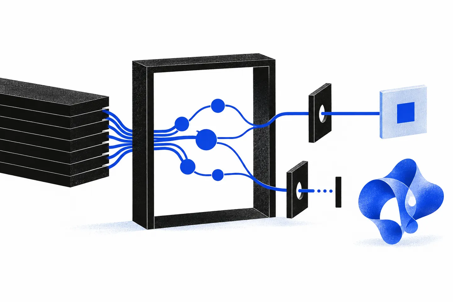 An ultramarine signal network passes from a black computation block through open black inspection frames toward a plain square tile and an abstract folded blue form; one path stops at a black boundary.