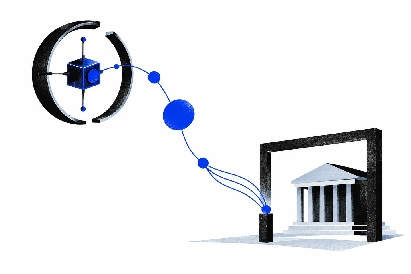 An ultramarine signal path links a small blue test module inside an open black ring to a pale civic structure framed in black; one path stops at a black boundary.