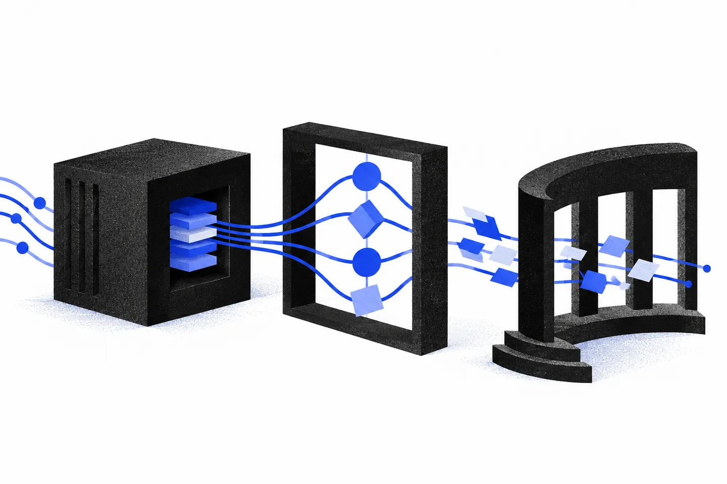 A textured black compute block, open verification frame and civic arch are linked by bounded ultramarine paths and abstract paper fragments on white.