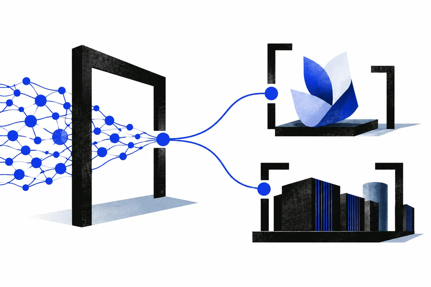 An open black civic frame links a compact ultramarine model lattice, a small care-shaped abstract form and a separate bounded infrastructure path on a white field.