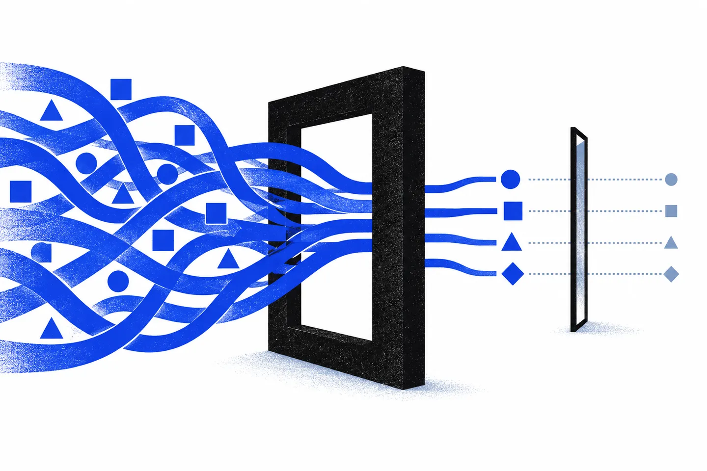 A black verification frame separates a dense ultramarine field of abstract paths from a smaller set of carefully checked blue marks on a white background.