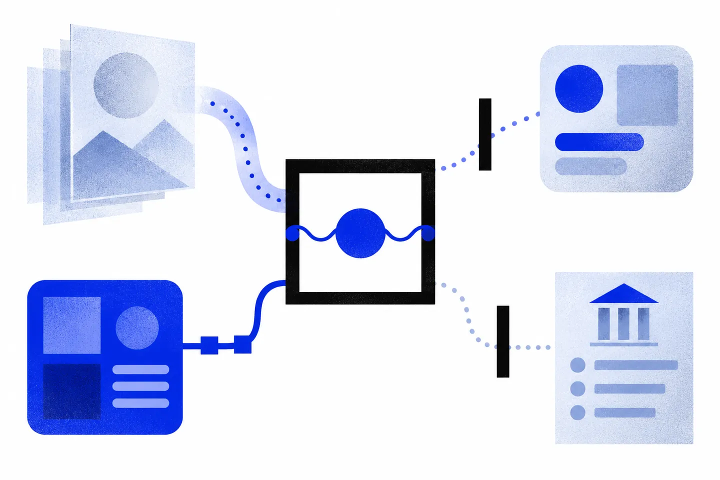 An abstract black verification frame carries an ultramarine signal between four pale blue geometric panels, with two paths stopping at black boundary bars on a white field.